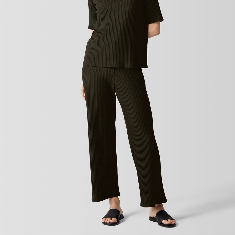 NWOT Eileen Fisher Textured Stretch Rib Ankle Wide Leg Pants in Black Small